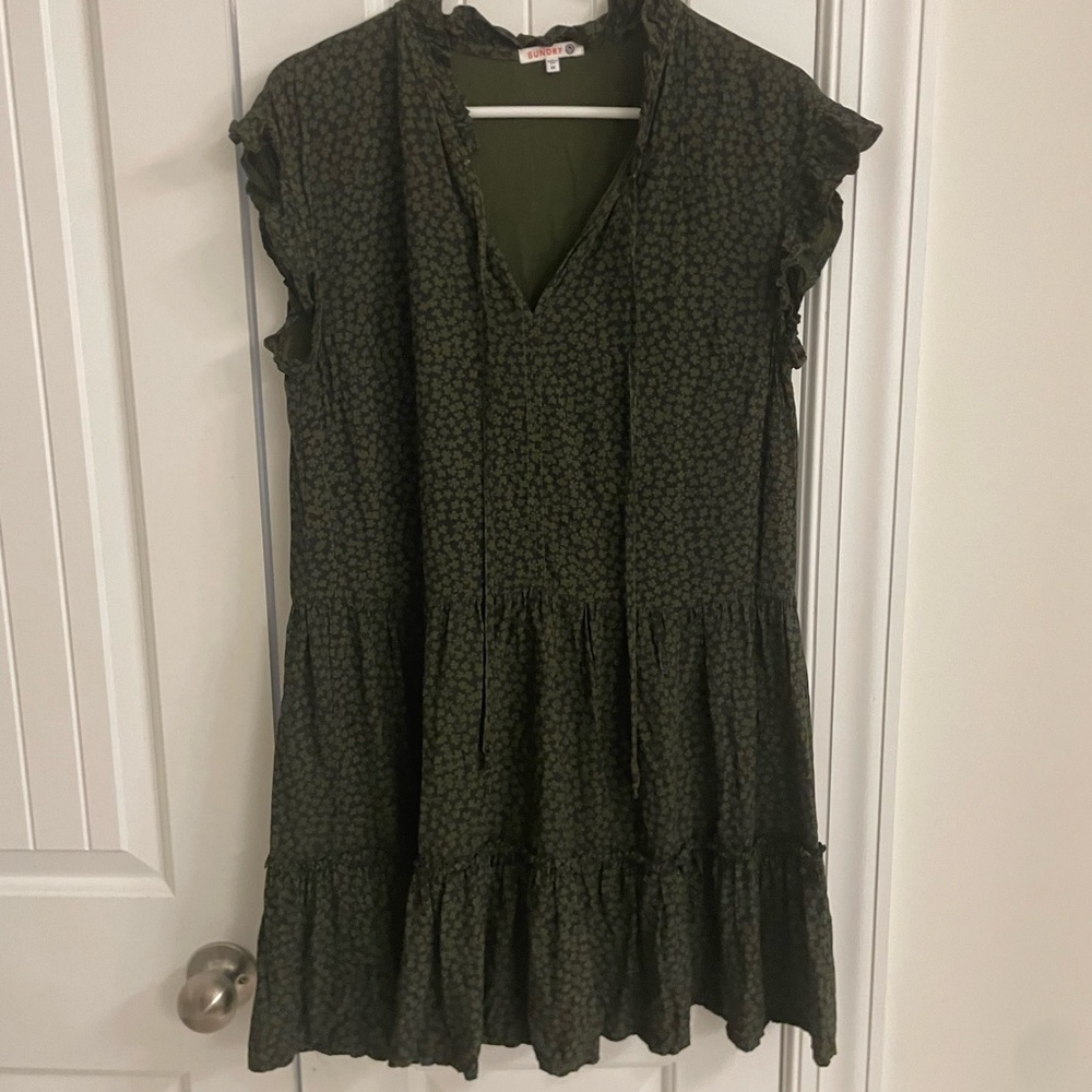Sundry Olive Green Dress with Ruffle trim